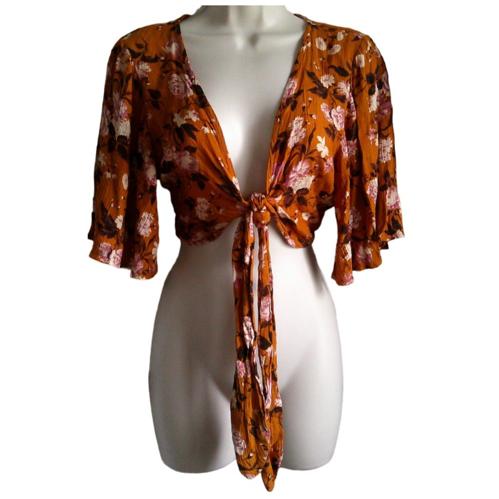 American Eagle Women's Boho Floral Tie-Front Flare Sleeve Crop Top